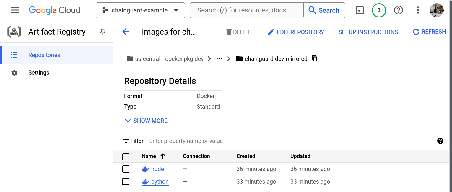 Screenshot of a repository in a GCP Artifact Registry named &ldquo;chainguard-dev-mirrored.&rdquo; This repository shows two images stored within it. The first, <code>node</code>, was created and updated 36 minutes ago, while the second, <code>python</code>, was created and last updated 33 minutes ago.